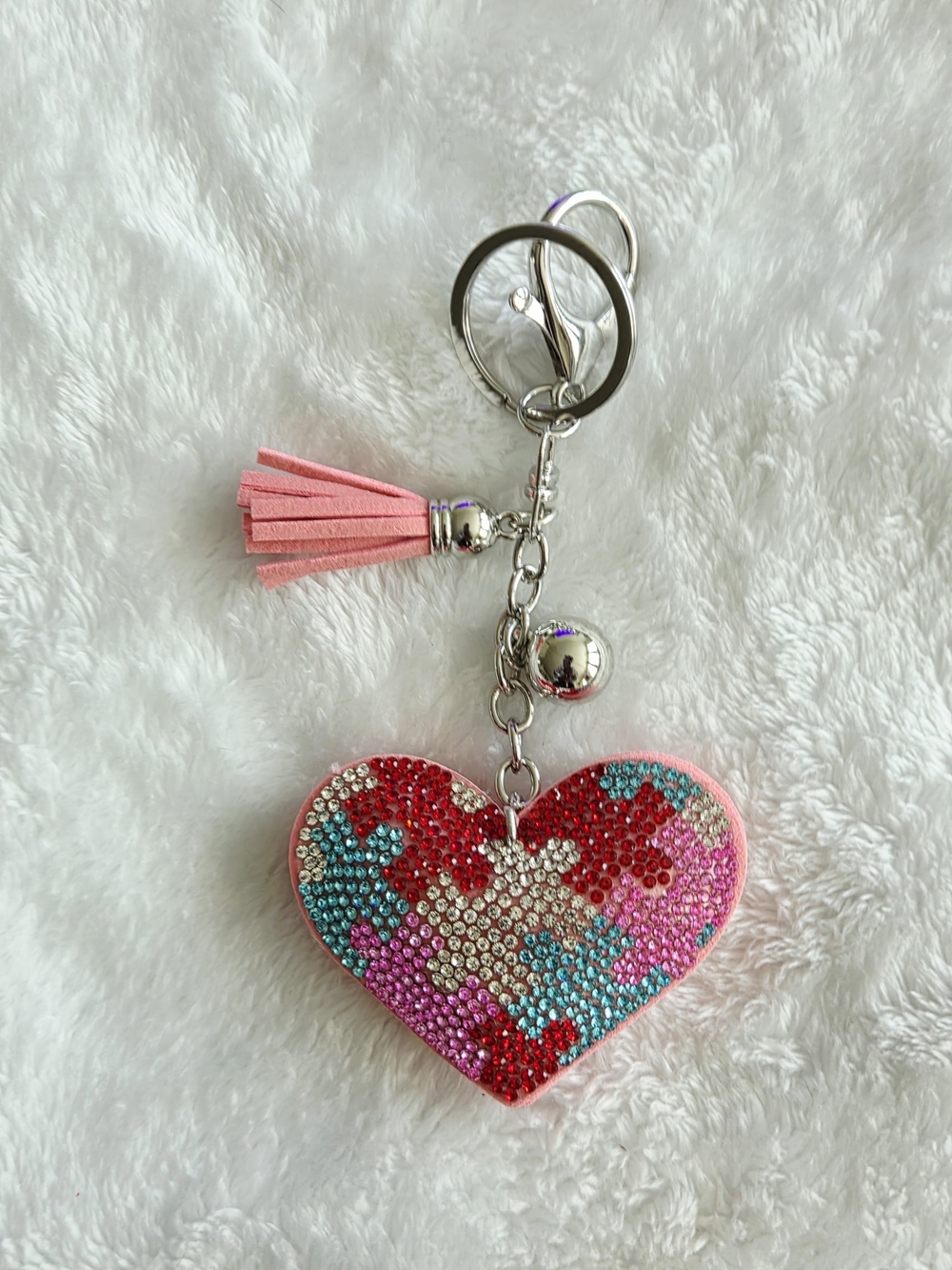 Sparkling Heart Tassel Keychain - Pink Multicolor Puzzle Pieces Bag Charm